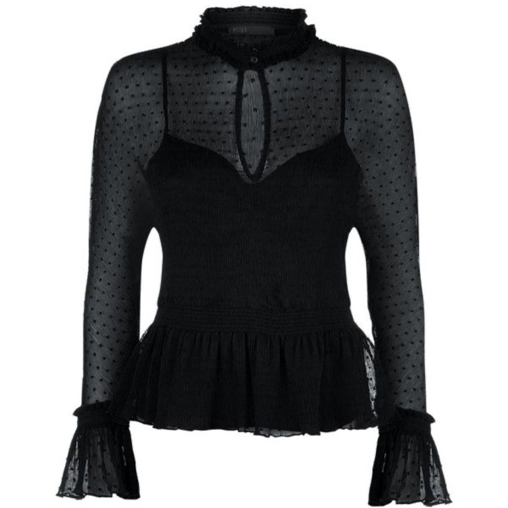 Maje Laurine Peplum Sheer Dot Black Long Sleeve Ruffle Blouse size 1